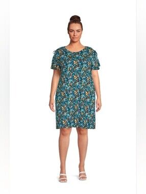 Terra & Sky Tropical Dress Ruched Shoulder Knit Navy Blue Floral Size 5X